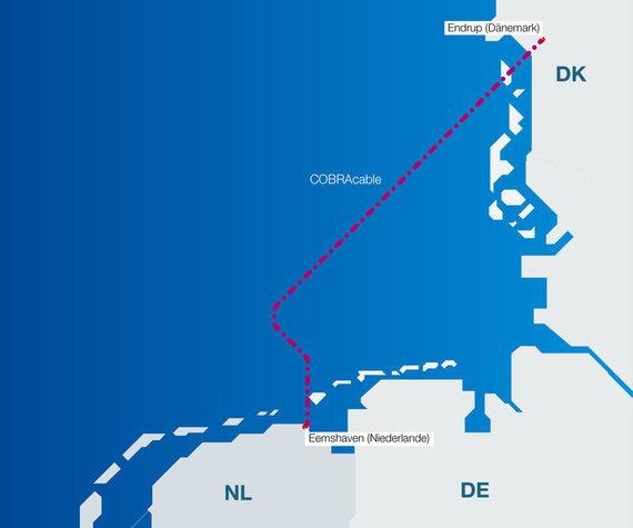 Cobracable | Von Endrup in Dänemark bis ins niederländische Eemshaven soll der neue Interkonnektor führen. - © Grafik: Tennet