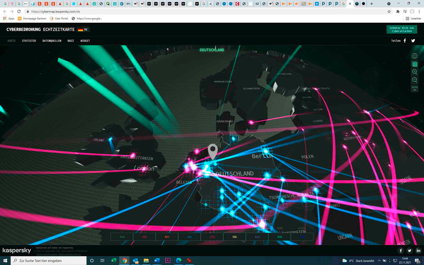 Simulation der Cyber-Bedrohung auf der Echtzeit-Online-Karte von Kaspersky
