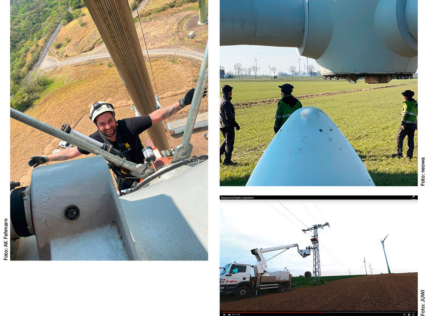 Rückbauer Andreas Kronfuß (oben links) beim Wartungseinsatz auf einer älteren Windenergieanlage, Abnahme eines Rotors vor dem Abtransport zur GFK-Zerspanung durch Neowa (oben rechts), Vorbereitung einer Windenergie­fläche fürs Repowering durch Juwi (rechts)