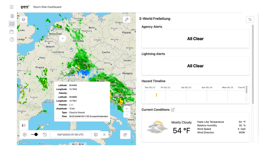 Detaillierte, interaktive Karten zeigen deutlich die Standorte der Anlagen in Bezug auf die vorhergesagten Wettergefahren, und Entwarnungsmeldungen unterstützen die zeitliche Planung von Einsätzen nach dem Unwetter.