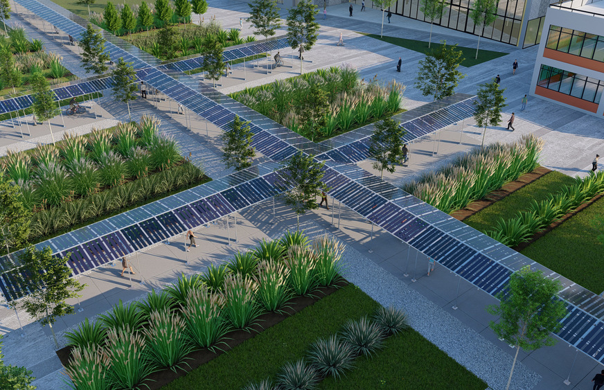 Wege zwischen Gebäuden können mit semitransparenten Modulen überdacht werden. Das schafft Räume, die auch im Sommer angenehm sind.