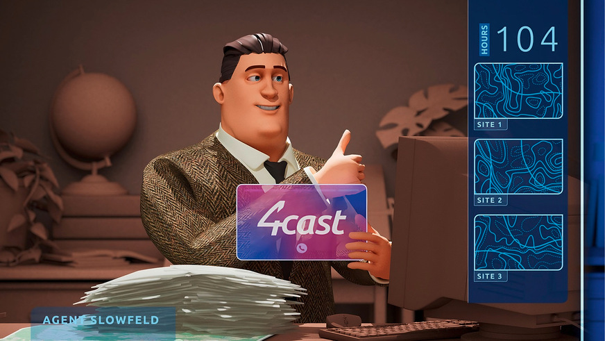 4Cast-Film: Der traditionelle Standort­gutachter Agent Slowfeld (oben) bedankt sich bei Agent Fastyield (Mitte), der ihm dank innovativer Datenverarbeitung einen Schnellcheck dreier Projekte geliefert hat: neue Anlagen auf der noch windkraftfreien grünen Wiese, eine Turbinennachverdichtung und ein Austausch des Turbinenbestands durch Re­powering.