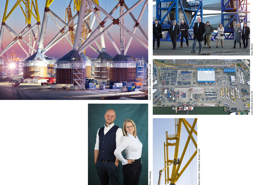 Schauplatz Windkraft-Häfen: für Proto­typenbau neuer Technologien wie Suction-Bucket-Gründungen im Offshore-​Windpark Borkum Riffgrund 2, die sich durch Unterdruck in den Boden saugen (Fotos oben links und unten rechts), als Ort internationaler Kooperationsbeschlüsse wie im Januar 2023 beim Treffen der Hafen-Chefs von Oostende, Eemshaven, Humber, Esbjerg, Nantes und Cuxhaven (oben rechts in Esbjerg), für den Umschlag kleiner wie großer Projekte (Mitte rechts) und für Persönlichkeiten: Die Transway-Geschäftsführer Andreas Pfefferle und Maida Žeric bieten Transporte für abgebaute Altwindturbinen an.