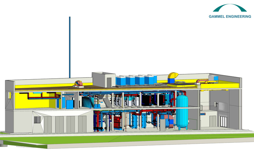 Der digitale Zwilling zeigt, was im Inneren steckt: Sole- und Luft-Wärmepumpen, Pufferspeicher, BHKW und Batteriespeicher auf zwei Ebenen.