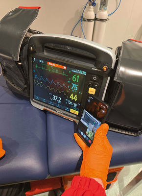 Checkwerte – grün: EKG, blau: Sauerstoff im Blut, gelb: Kohlenstoffdioxid im Blut, weiß klein: Blutdruck, weiß groß: Temperatur