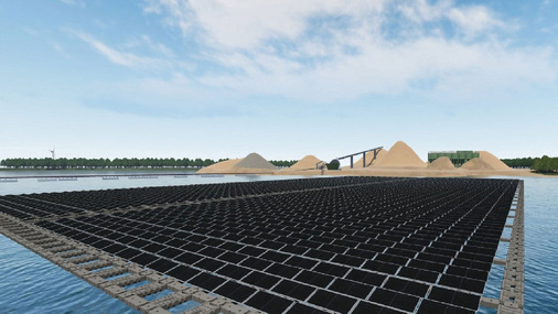 <p><strong>Vattenfalls schwimmende Solaranlage</strong></p><p>Wenn die Anlage in Holland fertig ist, liefert sie Strom für eine Sandpumpe.</p> - © Foto: Vattenfall