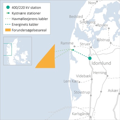 <p><strong>Die Lage des Offshore-Entwicklungsgebietes, in dem der für 800 bis 1.000 MW geplante Offshore-Windpark Thor entstehen soll (dargestellt zum Zeitpunkt der Voruntersuchungen über die Eignung des Areals).</strong></p><p>Voruntersuchungsgebiet - Forundersøgelsesareal; Kabel der Energieagentur Energinet - Energinets kabler; Leitung des Windparkbetreibers - Havmølleejerens kabler; Küsten-Umspannstation - kystnære stationer, Höchstspannungsstation - 400/220 kv station</p> - © Foto: energinet.dk