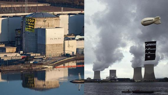 Fessenheim und Cattenom | Das umstrittene Atomkraftwerk Fessenheim war im März 2014 Ziel einer Greenpeace- Aktion (links). Rechts: Greenpeace-Protest gegen das französische AKW Cattenom. - © Fotos: Greenpeace