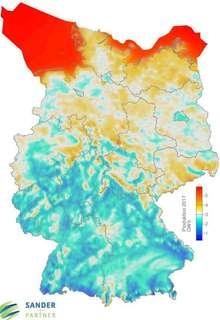 stromproduktion 2017 sander deutschland | Tatsächlich mögliche Stromproduktion mit fast durchweg besonders ertragreichen Standorten im Norden und wenigen relativ ertragreichen Standorten im Süden..Im Vergleich zu .... - © SANDER + PARTNER