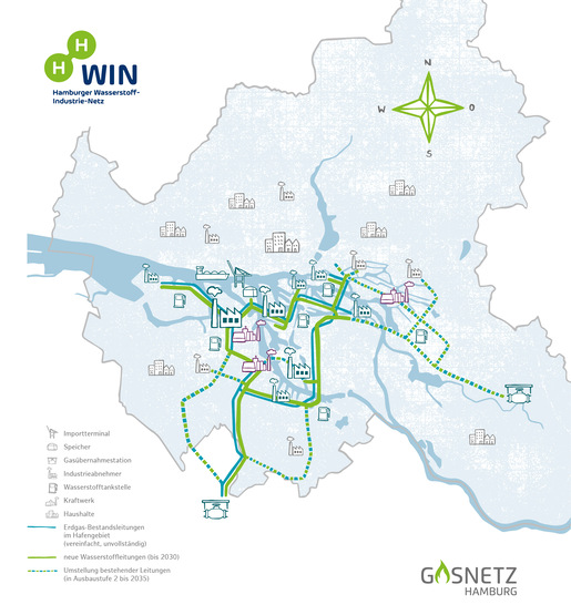 Bestehende und geplante Gasnetz-Infrastruktur in Hamburg. 