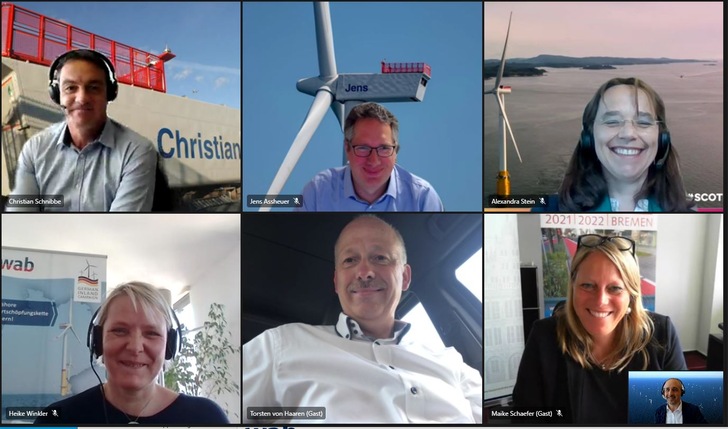 Oben, von links: Christian Schnibbe, WPD, Jens Assheuer, Assheuer Entwicklungsgesellschaft, Alexandra Stein, schottische Regierungsvertretung; unten, von links: Heike Winkler, WAB, Torsten von Haaren, Stadtverordneter Bremerhaven, Maike Schäfer, Umweltsenatorin Bremen; klein: WAB-Pressesprecher Hans-Dieter Sohn 