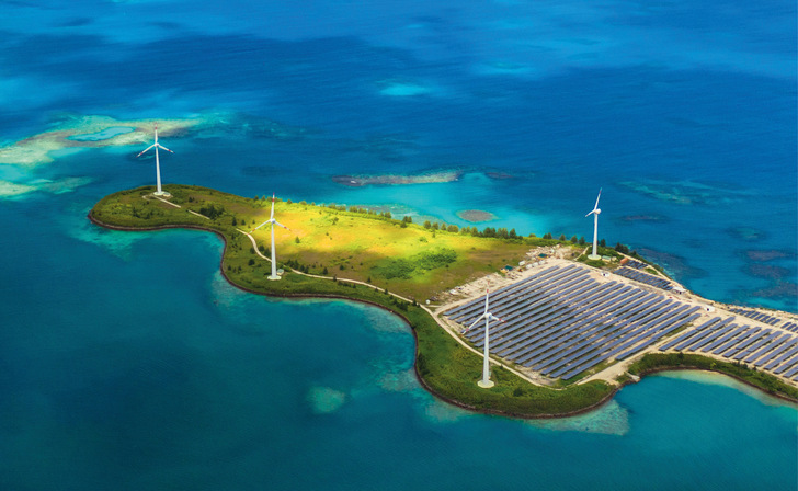 Wind und Solar auf einer künstlich angelegten Seychellen-Insel im indischen Ozean.