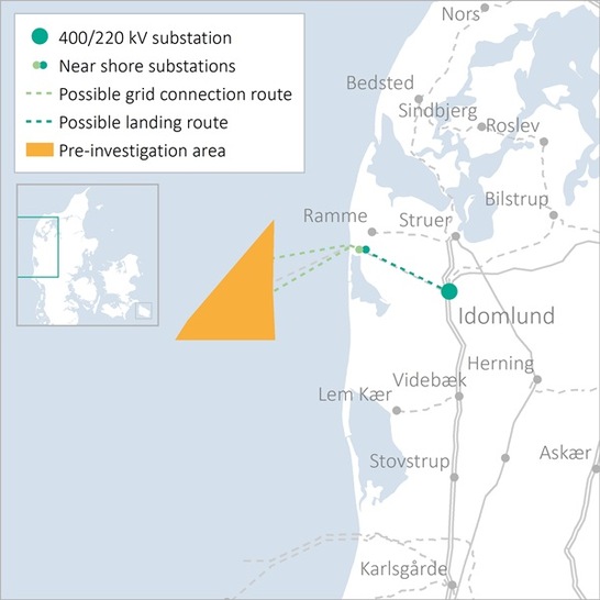 Windparkentwicklungsfeld Thor, 20 Kilometer vor der Westküste Jütlands. Der Windpark soll 2027 ans Netz. - © energinet.dk
