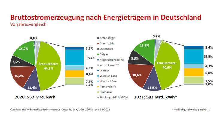 Der Anteil der Erneuerbaren ist in diesem Jahr leicht zurückgegangen. - © BDEW
