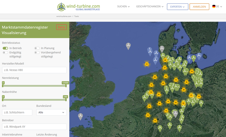Schneller Überblick über die Windturbinenlandschaft in Deutschland auf wind-turbine.com.  - © wind-turbine.com
