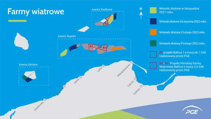 Offshore-Windenergie-Entwicklungsgebiete für Offshore-Windkraft-Ausbauphase 2 in Polen: vom Energiekonzern PGE beanspruchte Flächen. Für sechs bis sieben Entwicklungszonen hat PGE bereits Anträge gestellt. Die Projekte Baltica und Baltica 1 (B1-3) sind schon in der Entwicklung, .  