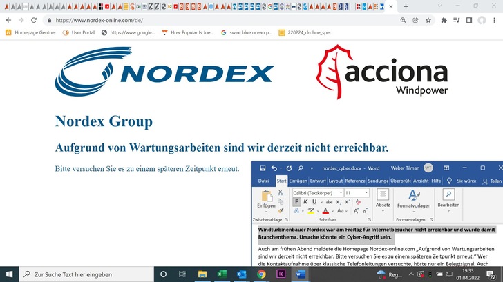 Nordex war am Freitag, 1. April 2022, offline - © Screenshot
