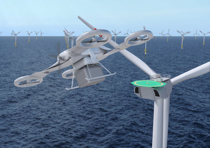 Können Servicetechniker auch mit einem AirTaxi zur Arbeit auf die Windenergieanlage fliegen, während Werkzeug und Material zuvor von einer Schwerlastdrohne geliefert wurden – ein Wunschtraum von Ingenieuren? 