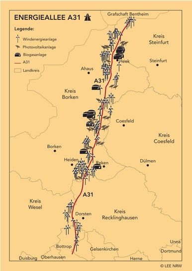 Einen 100 km langer Abschnitt der A31 zwischen den Autobahnkreuzen Bottrop und Schüttorf hat der LEE NRW zur ersten Bundesautobahn-Energieallee „umgewidmet“.