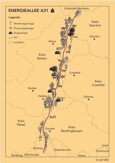 Einen 100 km langer Abschnitt der A31 zwischen den Autobahnkreuzen Bottrop und Schüttorf hat der LEE NRW zur ersten Bundesautobahn-Energieallee „umgewidmet“. - © LEE NRW
