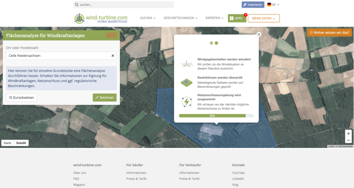Wind-turbine.com und das Windenergie-Startup Caeli Wind haben ein digitales Flächenanalyse-Tools entwickelt. 