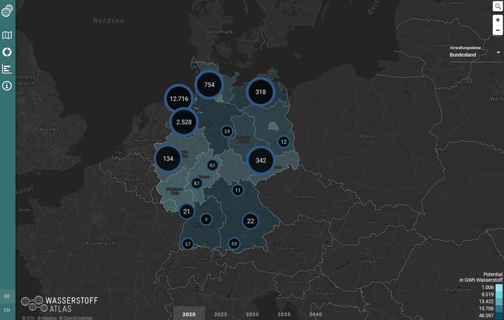 Standorte von Erzeugern und Verbrauchern von Wasserstoff, PtX-Produkten sowie CO 2 -Quellen, die in Betrieb, in Planung oder stillgelegt sind. - © Screenshot - OpenStreetMap
