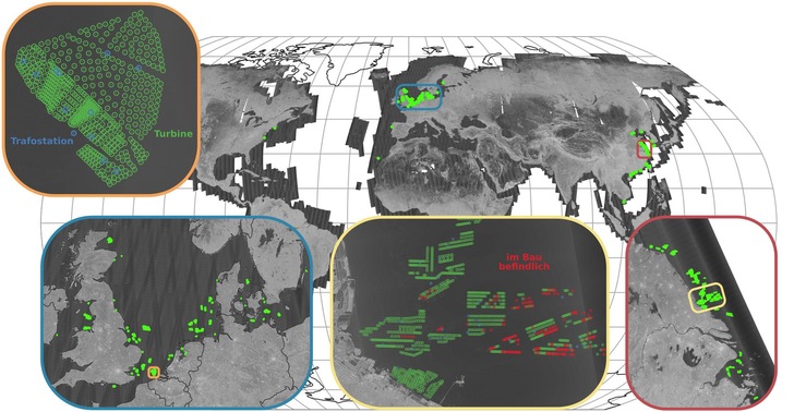 Die blau um­ran­de­te Dar­stel­lung zeigt die Offs­ho­re-Wind­kraft­an­la­gen in Nord- und Ost­see so­wie der Iri­schen See. Die Dar­stel­lung dar­über er­klärt ei­nen Wind­park de­tail­lier­ter: Die Tur­bi­nen sind grün mar­kiert, die Tra­fo­sta­tio­nen blau. Die rot um­ran­de­te Dar­stel­lung rechts bil­det Offs­ho­re-Wind­kraft­an­la­gen vor der chi­ne­si­schen Küs­te ab. In dem gelb um­ran­de­ten De­tail ist zu er­ken­nen, dass zahl­rei­che An­la­gen im Bau sind.