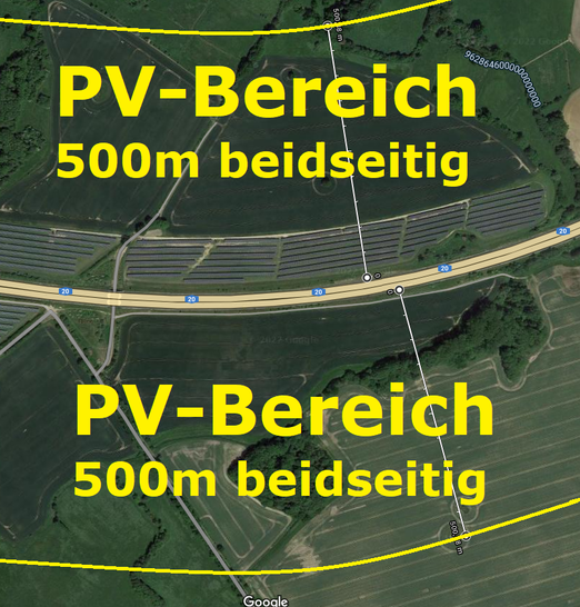 Nach neuem EEG kann nun 500 m beiderseits von Autobahnen und Schienen Solarenergie genutzt werden , statt 110m oder 220 m.
