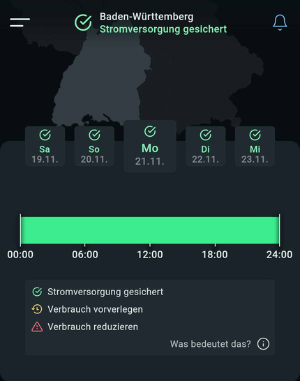 Alles im grünen Bereich: Im Netzgebiet der Transnet BW ist für die nächsten Tage kein Engpass zu erwarten. - © Screenshot: Katharina Wolf
