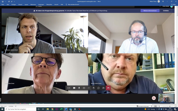 Expertengespräch über Engpass Windenergiejobs im Oktober 2022 mit Ivo Claessen, Siemens Gamesa, Arwid Detlefs, Birn und Partners, Andrea Bube, PNE und Marten Seifert, Recase (von links oben nach rechts unten) - © screenshot - ERNEUERBARE ENERGIEN
