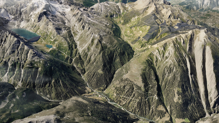 So soll das Projekt in den Walliser Alpen einst aussehen: Rechst der Solarpark und links der Pumpspeicher.