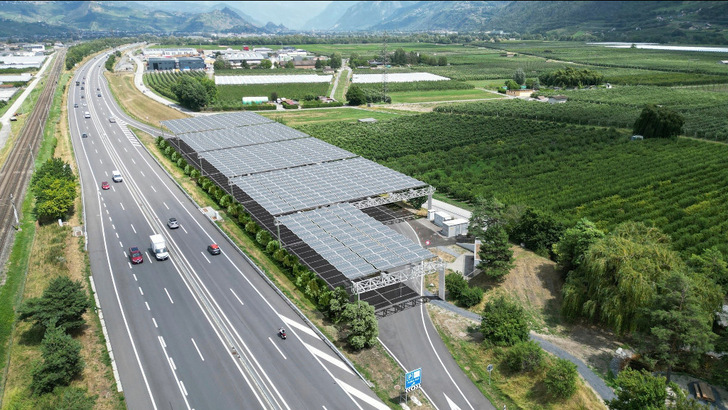 So wird das solare Faltdach an der Raststätte Ardon Süd im Kanton Wallis aussehen, wenn es fertig ist. - © DHP Technolgy
