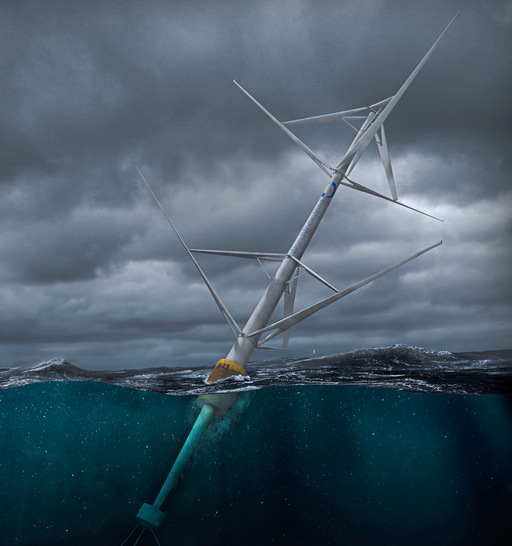 CRVT oder Counter-rotating vertical turbine nennen die Entwickler von World Wide Wind in Norwegen diese neuartige Schwimmturbine. Sie neigt sich im Wasser wie ein Segelboot. - © Bild: World Wide Wind
