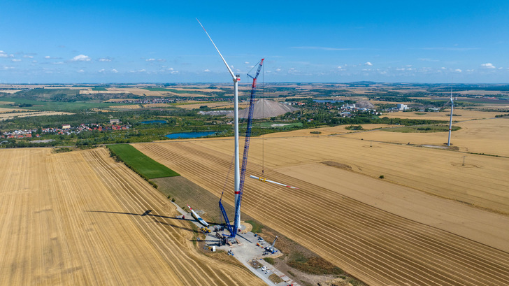 Wansleben Repowering II von Ostwind, abgeschlossen im September 2023. Der Standort befindet sich am Südrand des Harzes, auf Gemarkung der Gemeinde Seegebiet Mansfelder Land.