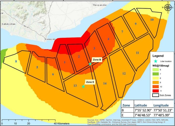 Vorgeschlagene Offshore-Windkraft-Entwicklungszonen vor der indischen Südspitze beziehungsweise der Provinz Tamil Nadu