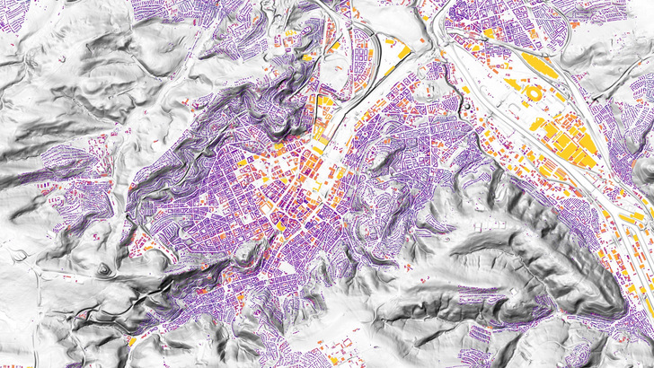 Das Solarpotenzial der baden-württembergischen Landeshauptstadt Stuttgart. Die gelbe Farbe bedeutet, dass das Solardach-Potenzial – also die Eignung für eine solare Energiegewinnung – hoch ist. Die anderen Farben bedeuten in Abstufungen bis dunkelblau ein niedrigeres Potenzial.