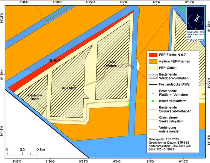 Nordsee-Offshore-Windparkentwicklungsfeld N-6.7, wo der Windpark Waterkant bis 2028 entstehen soll.