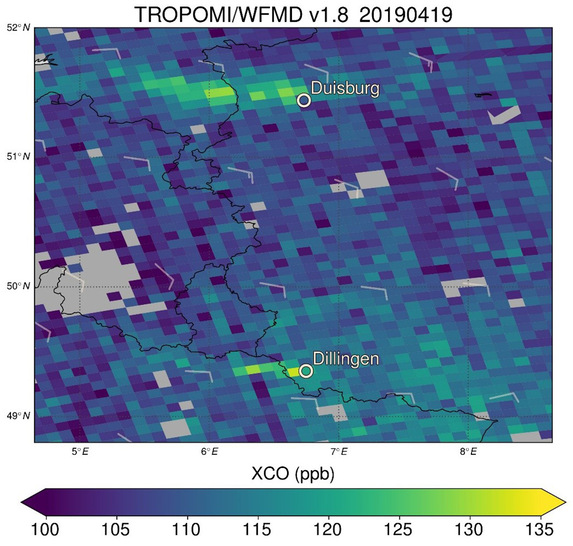 So sehen Abgase aus dem Weltall aus: Kohlenstoffmonoxid (CO)-Abgasfahnen der Stahlstandorte Duisburg und Dillingen, erfasst im April 2019 von Sentinel-5P.