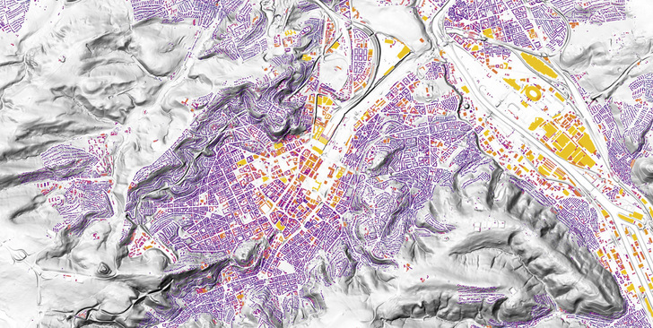 Das Solarpotenzial der baden-württembergischen Landeshauptstadt Stuttgart. Die gelbe Farbe bedeutet, dass das Solardach-Potenzial – also die Eignung für eine solare Energiegewinnung – hoch ist. Die anderen Farben bedeuten in Abstufungen bis dunkelblau ein niedrigeres Potenzial.