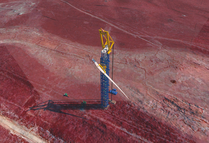 Der Windspider-Kran ist auch an Land geeignet und benötigt nur das Turbinenfundament als Stellplatz.