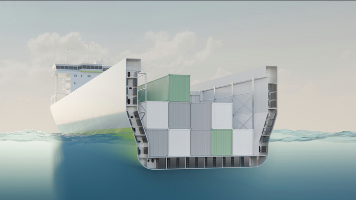 Clevere Idee: Die Batteriemodule werden überall platzsparend zwischen der Schiffswand und dem Laderaum verbaut.