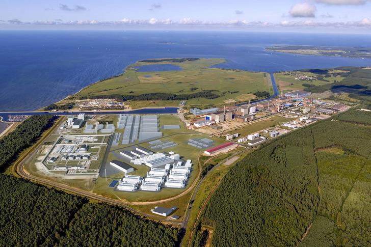 Luftaufnahme mit Visualisierung vom Wasserstoff Hub in Lubmin mit geplanter PtXDevelopment-Großelektrolyseur-Anlage.