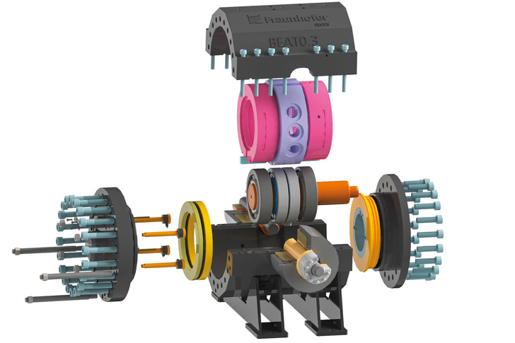 Darstellung des Aktuators zur Last­steuerung des Lagers der schnellen Ausgangswelle im Getriebe: Die rosafarbene Hülse umschließt die beiden darunter ­abgebildeten Lager der Welle. Eine ­Hydraulik regelt die Last, wie sie die rosafarbene Hülse auf abwechselnd das eine oder das andere Lager bewirkt.