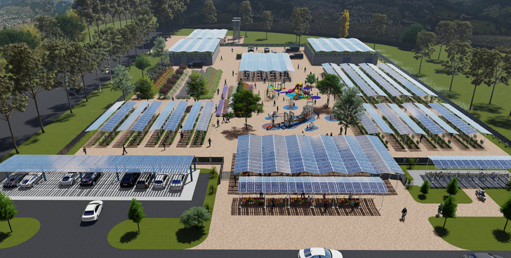 Möglichst alle Flächen der Stadt- und Landschaftsarchitektur zu nutzen, bringt viel Solarstrom ohne zusätzlichen Flächenverbrauch. Hier ein 
Erlebnisgartencenter, das jährlich nebenbei 850 Megawattstunden Strom erzeugt.