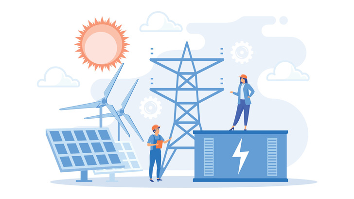 Battery energy storage from renewable solar and wind power station. Energy storage, energy collection methods, electrical power grid concept. flat vector modern illustration