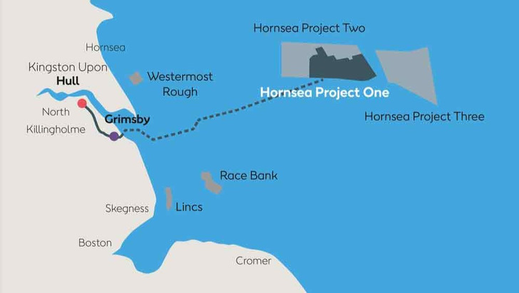 Die drei Hornsea-Offshore-Windparks inklusive des gerade noch mit Arbeiten an Land (erstes Halbjahr 2025) zum Windpark werdenden 2,9-Gigawatt-Entwicklungsfeldes Hornsea 3 sowie der beiden schon realisierten Windparks 1 und 2 mit 1,2 und 1,3 Gigawatt - © Ørsted
