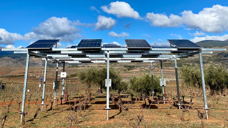 Mit dieser Anlage wollen die Forscher des DLR messen, wie sich die Agri-PV auf den Weinanbau auswirkt. - © DLR