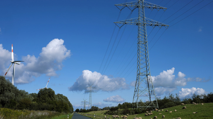 Windräder und Strommasten und Schafherde in Niedersachsen