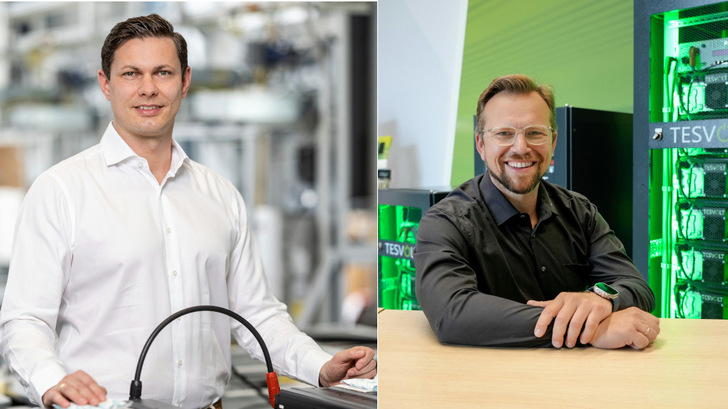 Simon Schandert (links) ist technischer Geschäftsführer von Tesvolt. Marcus Ulbricht verantwortet den Bereich Cyber Security & Cyber Compliance Energiehandel beim Wittenberger Speicherhersteller.