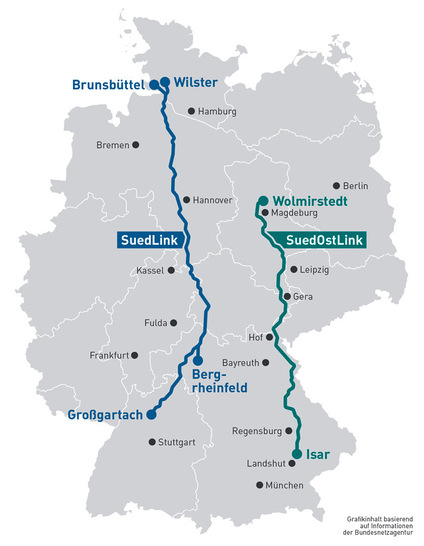 Höchstspannungs-Stromautobahn Südlink (blau), die zur Hälfte Tennet und Transnet BW bauen. - © Karte: STATKRAFT Höchstspannungs-Stromautobahn Südlink (blau), die zur Hälfte Tennet und Transnet BW bauen.